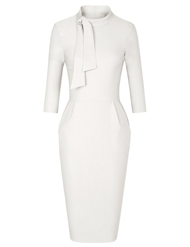 MUXXN Women's Midi Elbow Sleeve Bridesmiad Wedding Pencil Pinup Tea Dress with Pocket Off White XL - Image 3